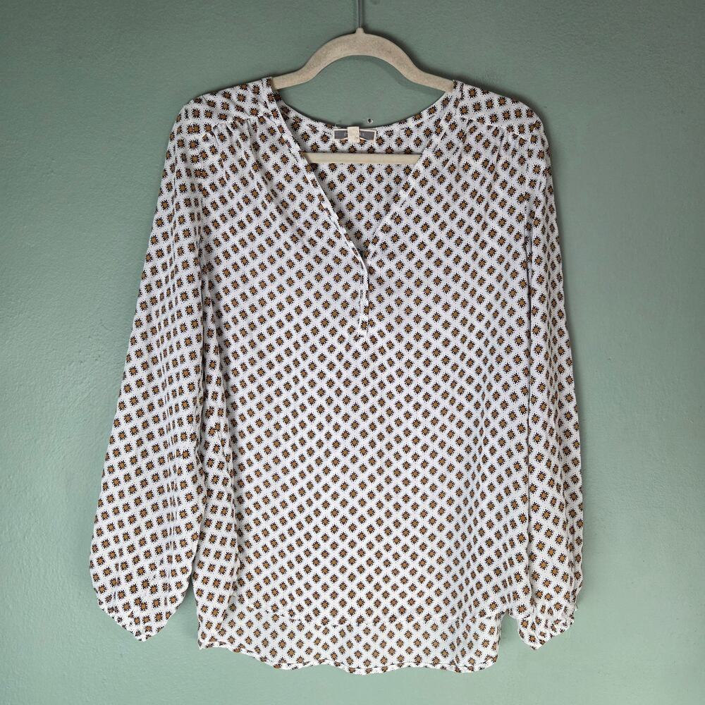 Pleione Womens Diamond Print V-Neck Blouse Top Large Career Office Geometric